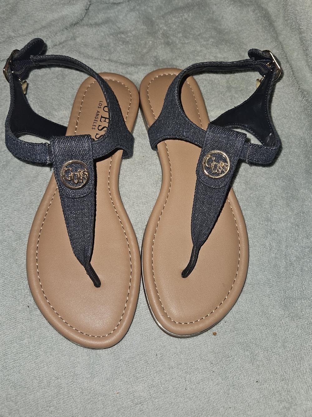 GUESS Denim Navy T-Strap Sandals for Women